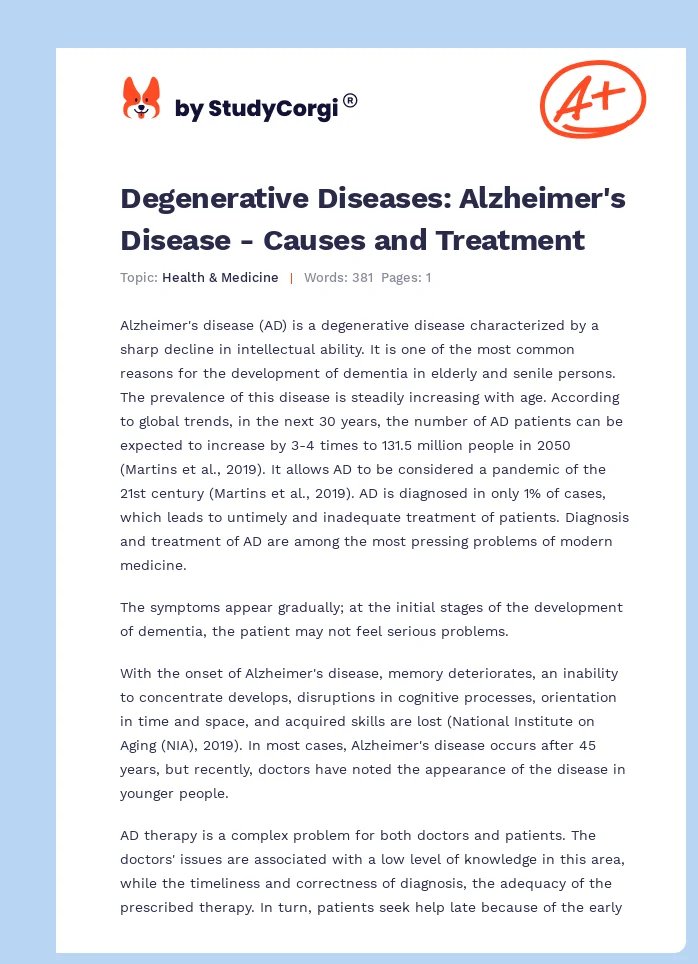 Degenerative Diseases: Alzheimer's Disease - Causes and Treatment. Page 1
