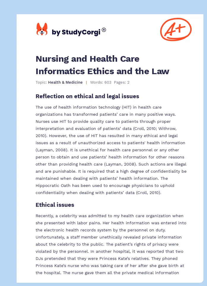 Nursing and Health Care Informatics Ethics and the Law. Page 1