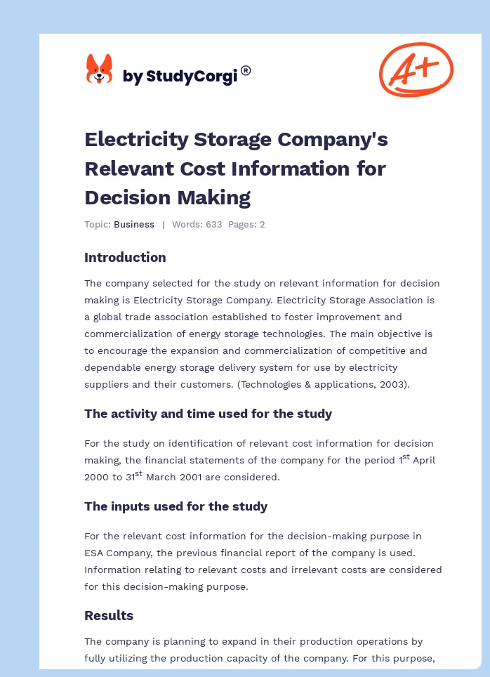 Electricity Storage Company's Relevant Cost Information for Decision Making. Page 1
