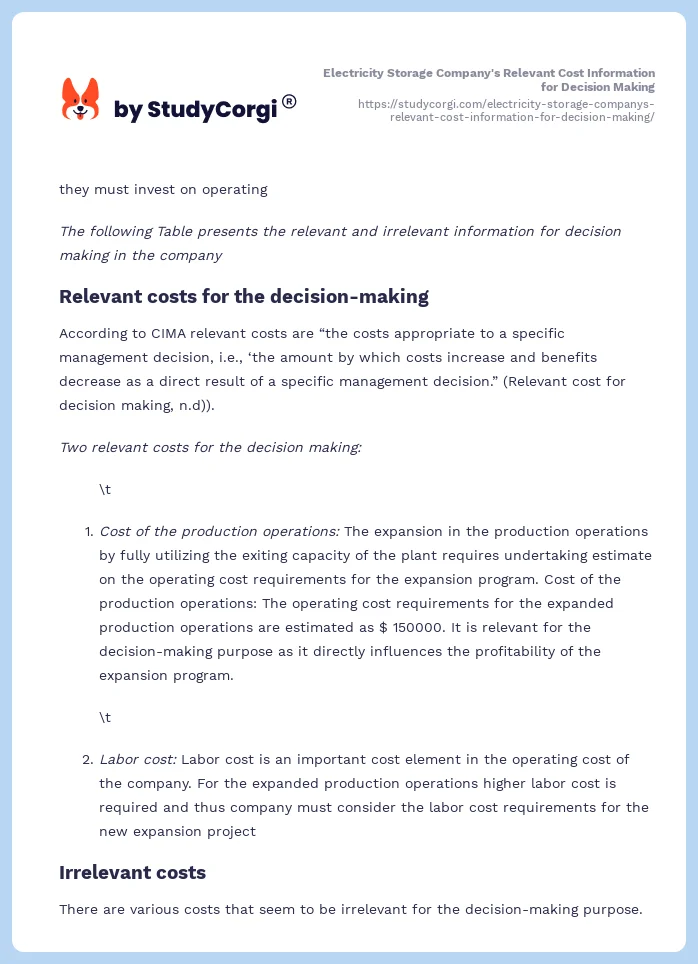 Electricity Storage Company's Relevant Cost Information for Decision Making. Page 2
