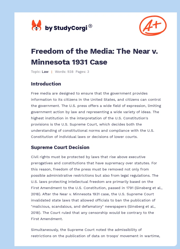 Freedom of the Media: The Near v. Minnesota 1931 Case. Page 1