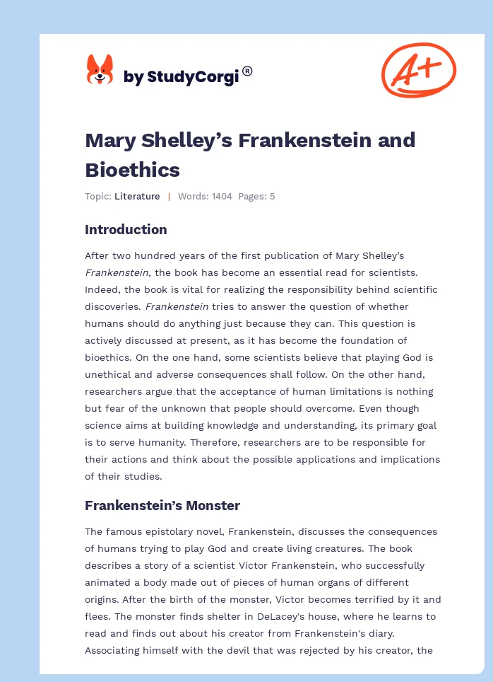 Mary Shelley’s Frankenstein and Bioethics. Page 1
