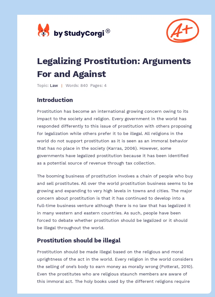 Legalizing Prostitution: Arguments For and Against. Page 1