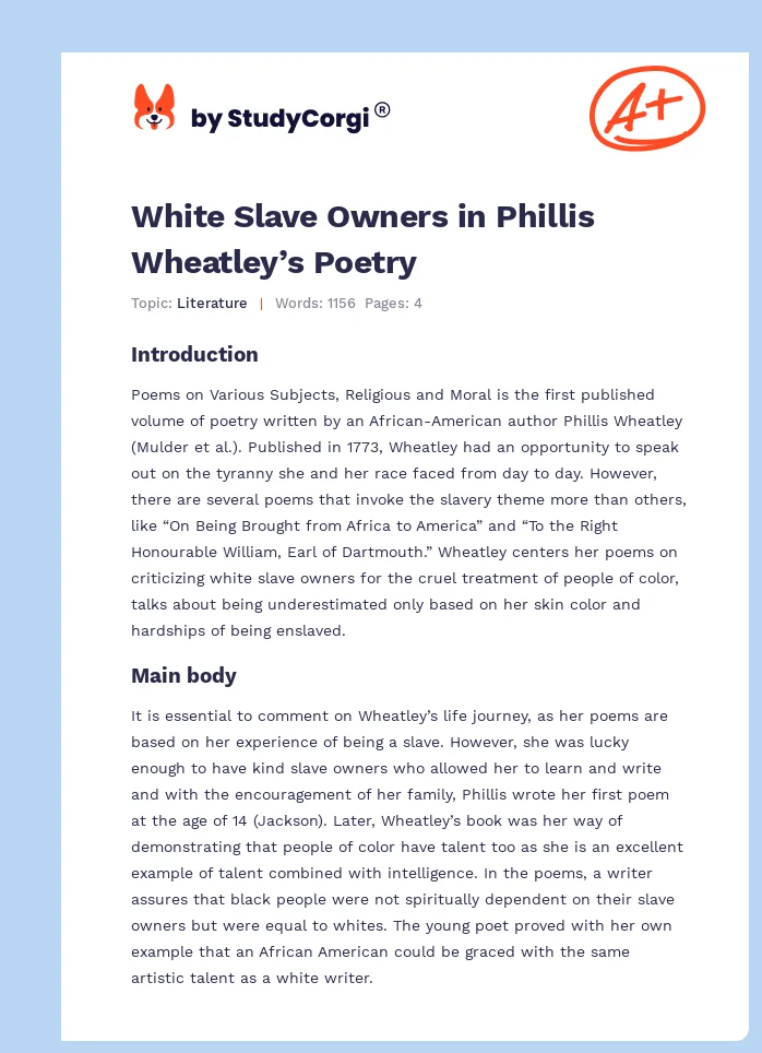 White Slave Owners in Phillis Wheatley’s Poetry. Page 1