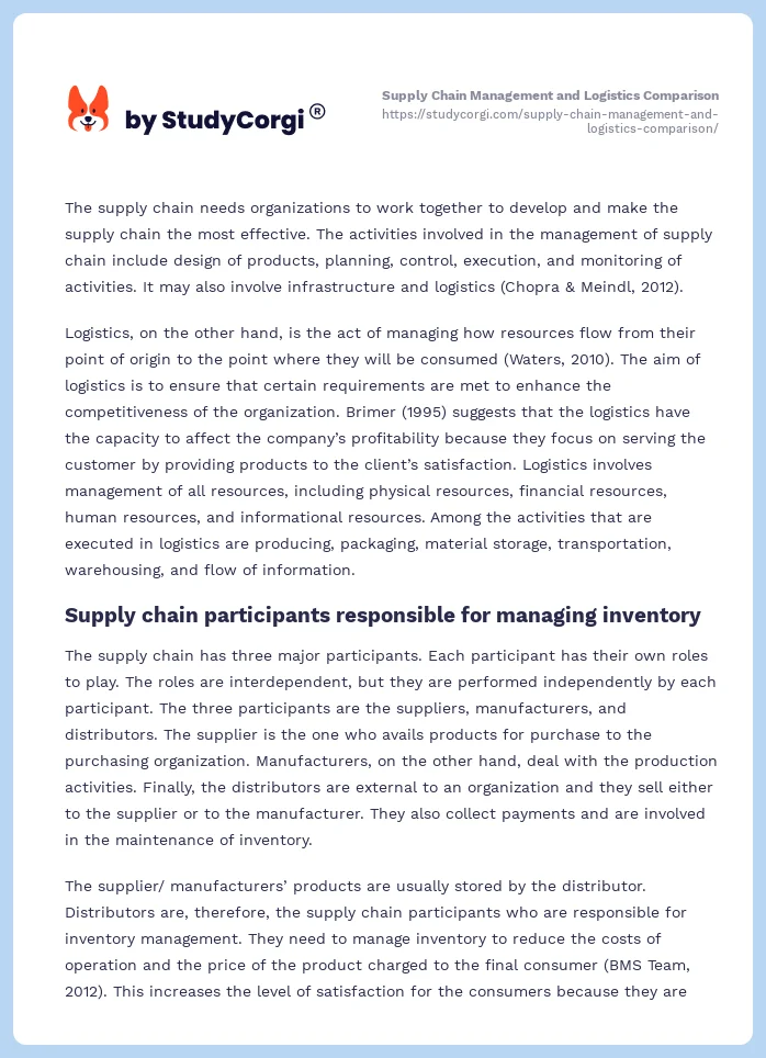 Supply Chain Management and Logistics Comparison. Page 2