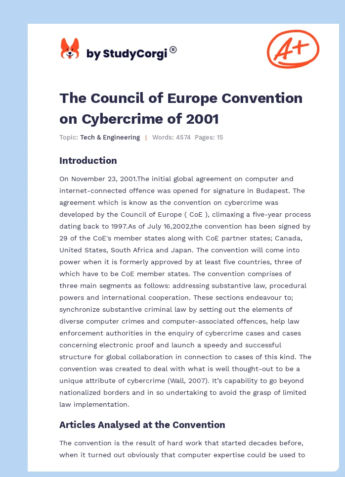 The Council of Europe Convention on Cybercrime of 2001. Page 1