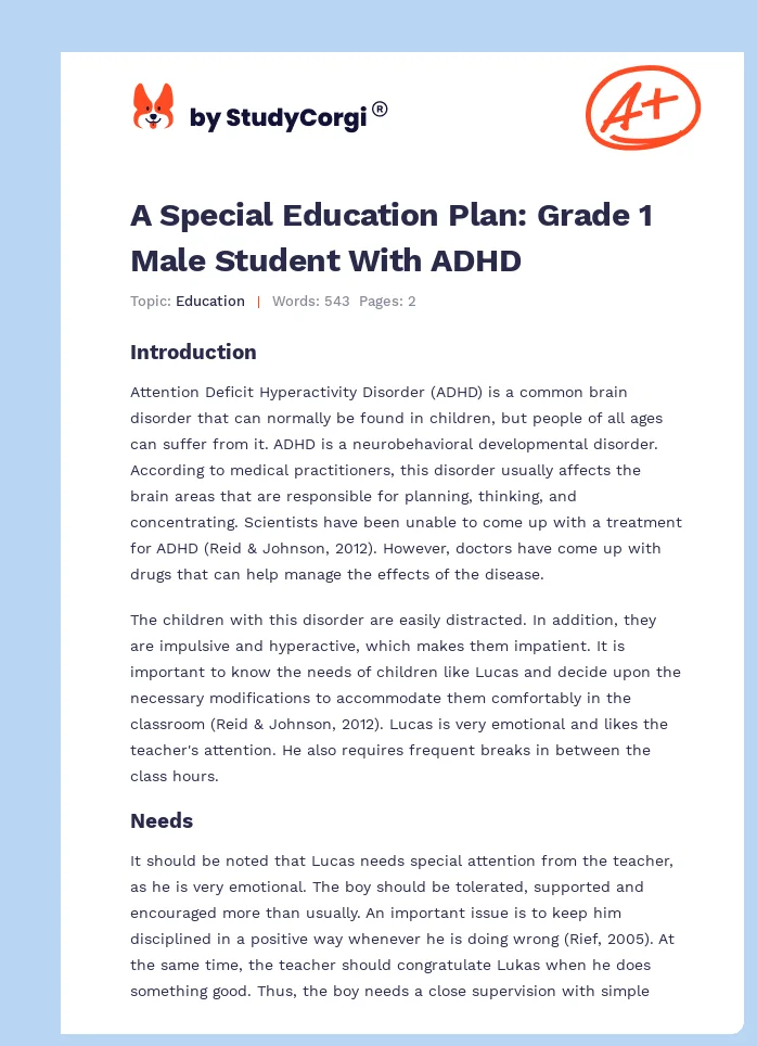 A Special Education Plan: Grade 1 Male Student With ADHD. Page 1