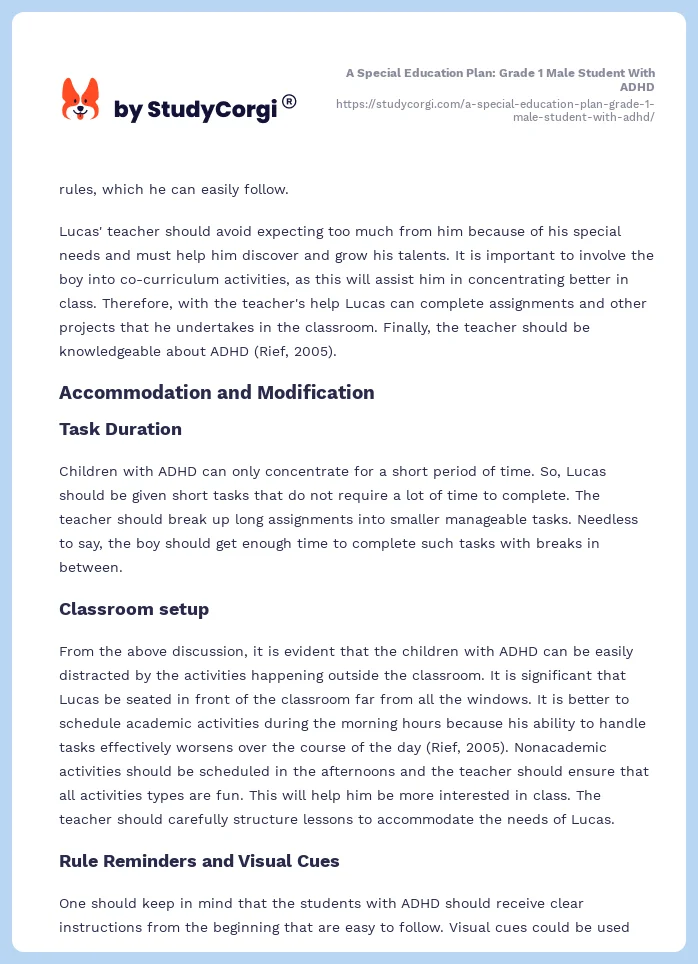 A Special Education Plan: Grade 1 Male Student With ADHD. Page 2