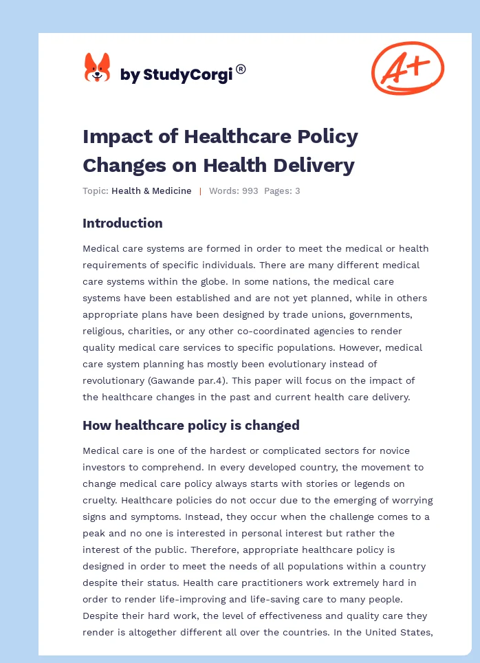 Impact of Healthcare Policy Changes on Health Delivery. Page 1