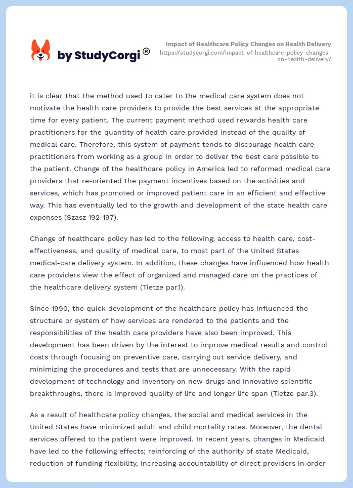 Impact of Healthcare Policy Changes on Health Delivery. Page 2