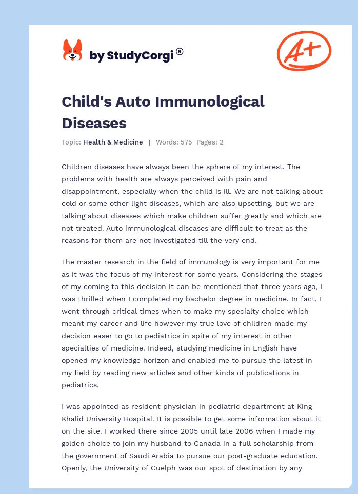 Child's Auto Immunological Diseases. Page 1