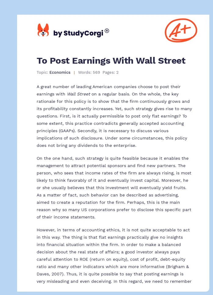 To Post Earnings With Wall Street. Page 1