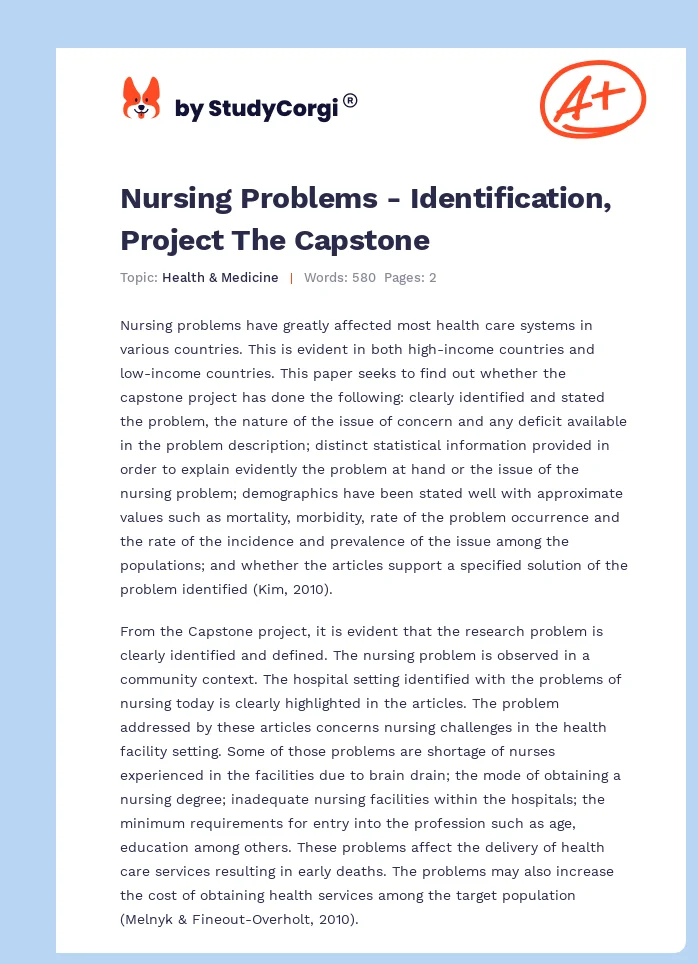 Nursing Problems - Identification, Project The Capstone. Page 1