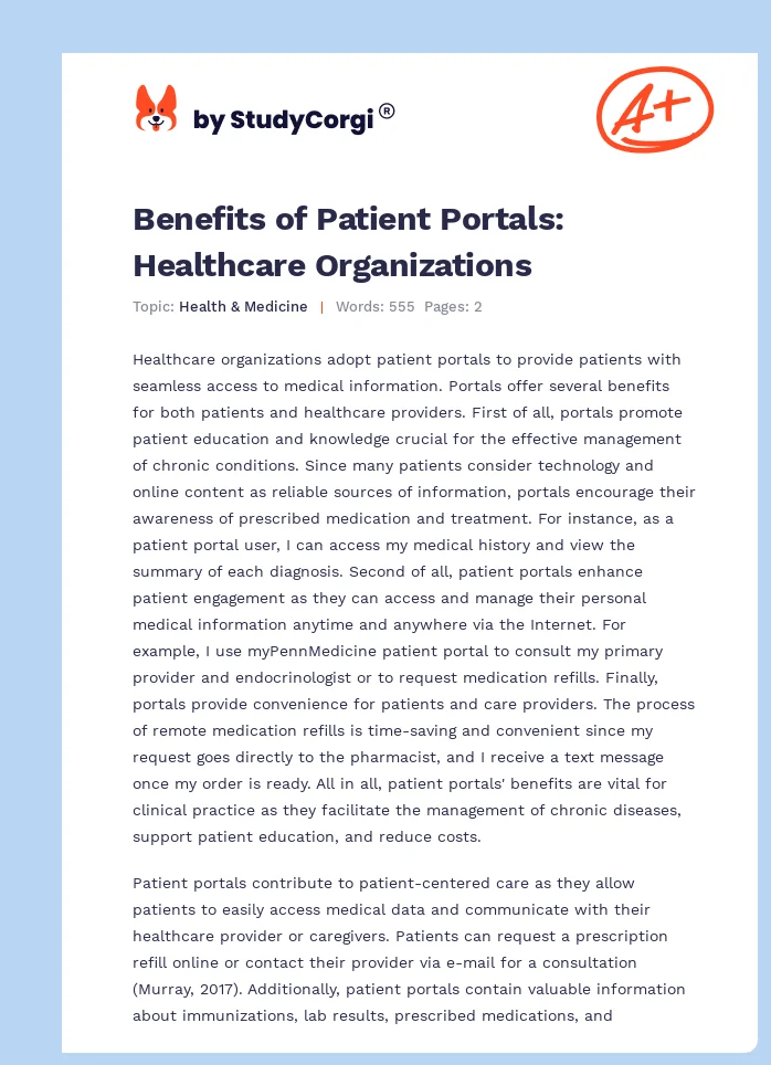 Benefits of Patient Portals: Healthcare Organizations. Page 1