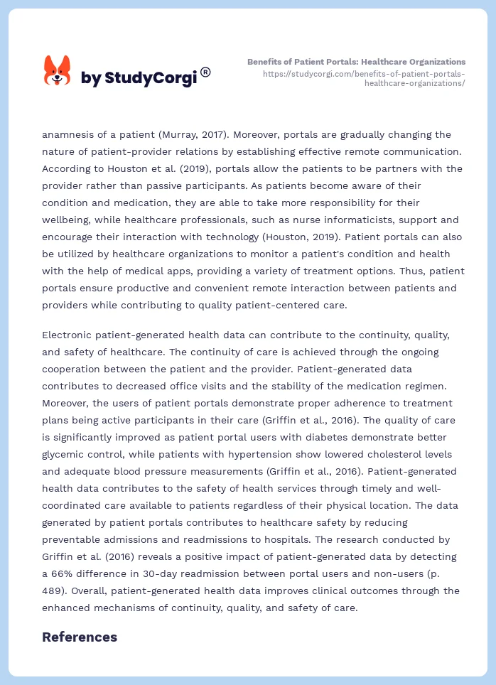 Benefits of Patient Portals: Healthcare Organizations. Page 2