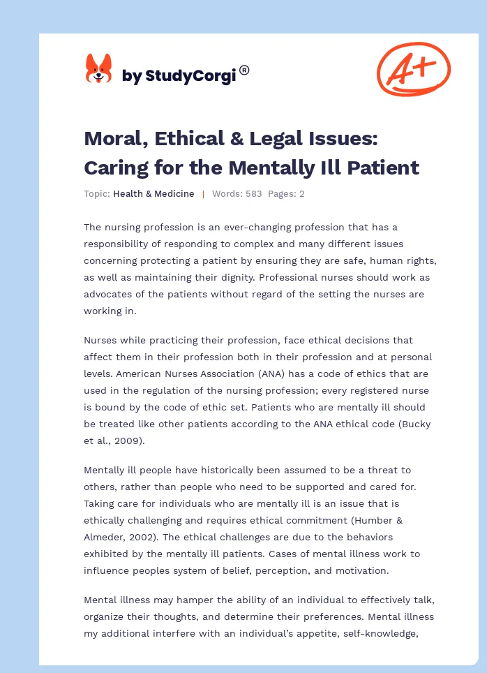 Moral, Ethical & Legal Issues: Caring for the Mentally Ill Patient. Page 1