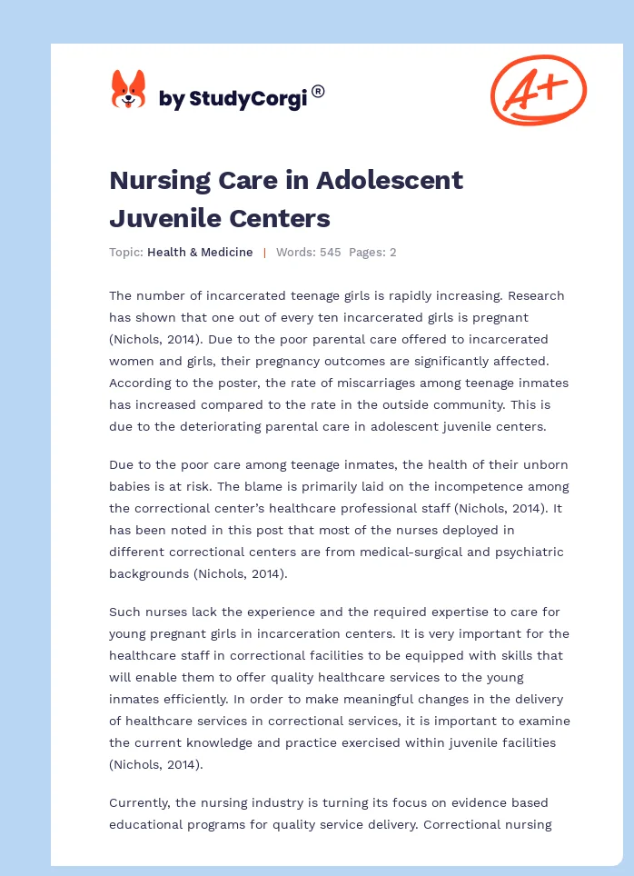 Nursing Care in Adolescent Juvenile Centers. Page 1