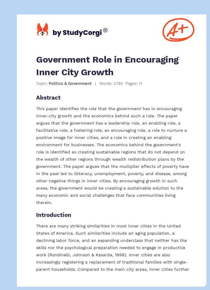 Government Role in Encouraging Inner City Growth. Page 1