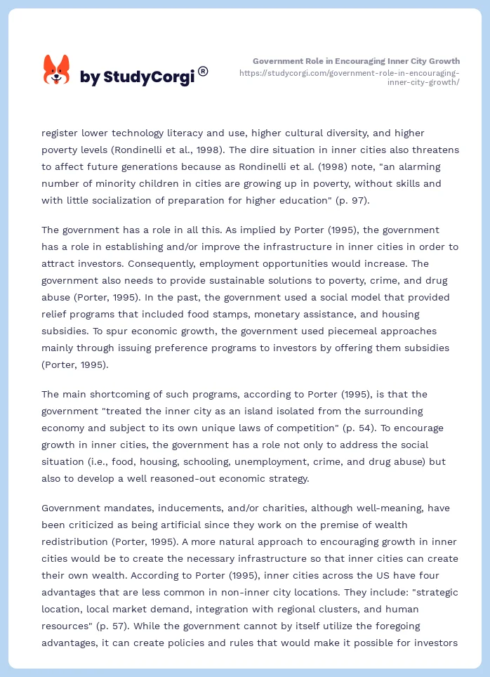 Government Role in Encouraging Inner City Growth. Page 2