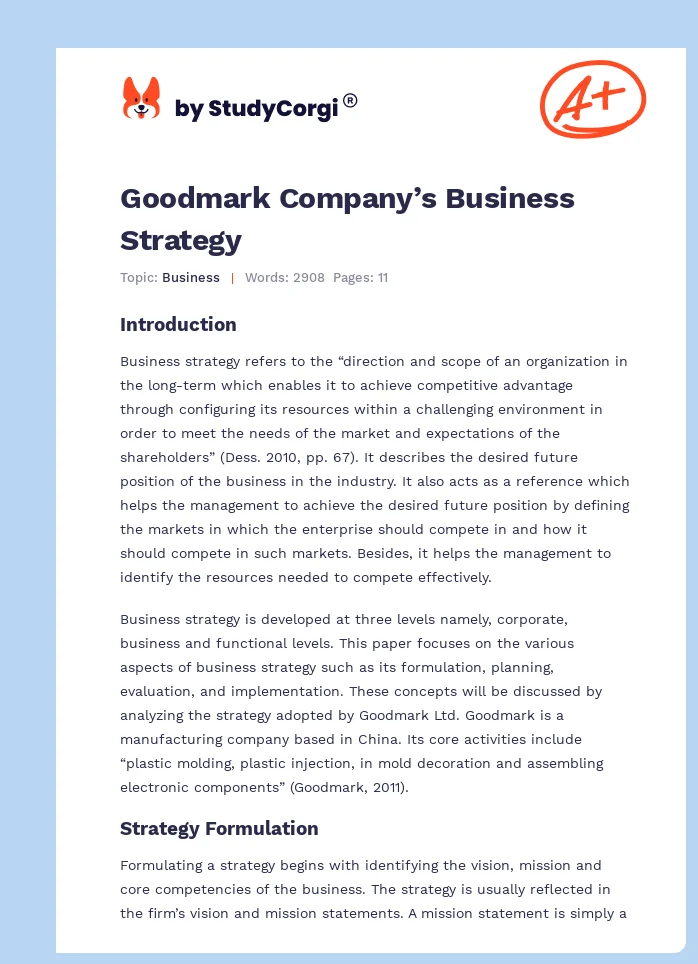 Goodmark Company’s Business Strategy. Page 1