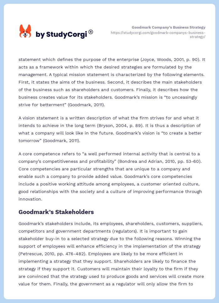 Goodmark Company’s Business Strategy. Page 2
