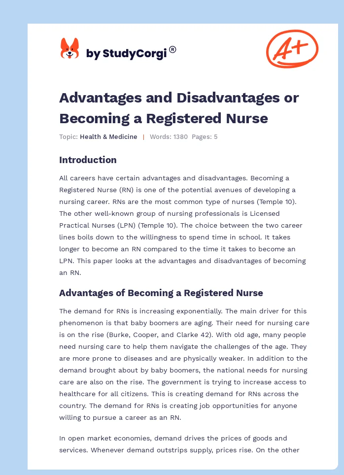 Advantages and Disadvantages or Becoming a Registered Nurse. Page 1