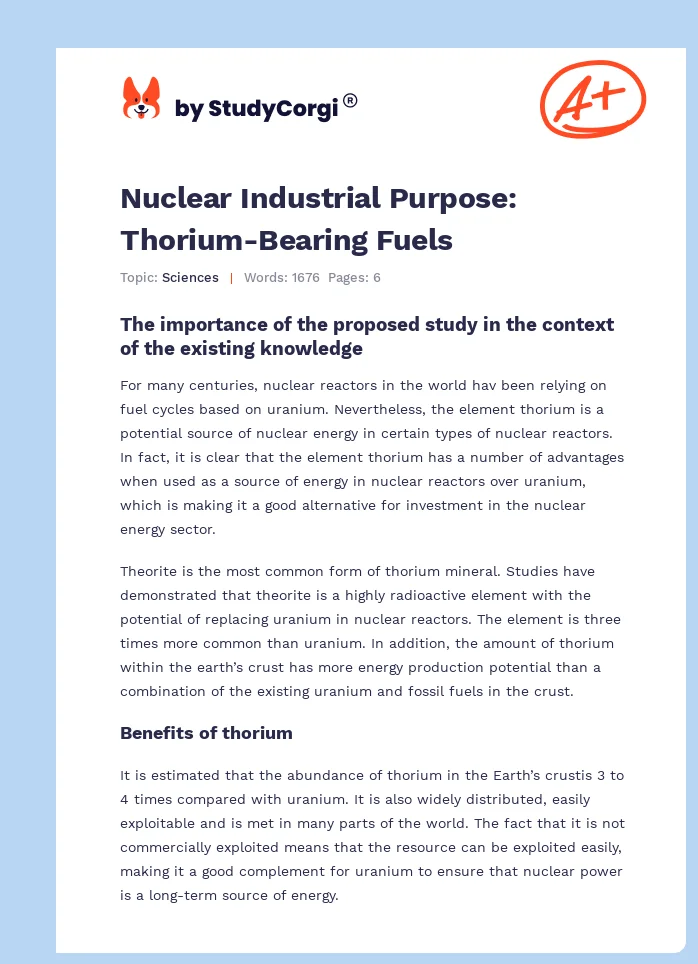 Nuclear Industrial Purpose: Thorium-Bearing Fuels. Page 1