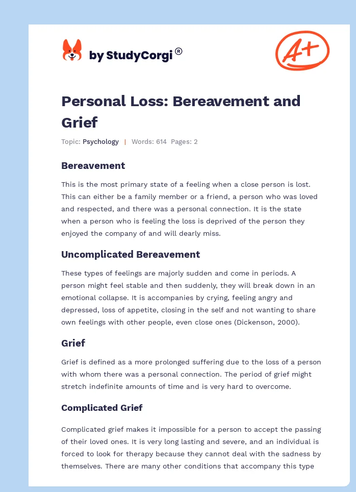 Personal Loss: Bereavement and Grief. Page 1