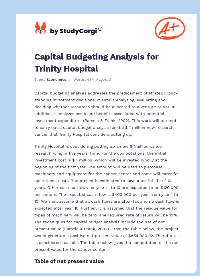 Capital Budgeting Analysis for Trinity Hospital. Page 1