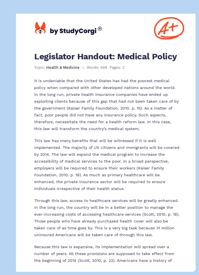 Legislator Handout: Medical Policy. Page 1