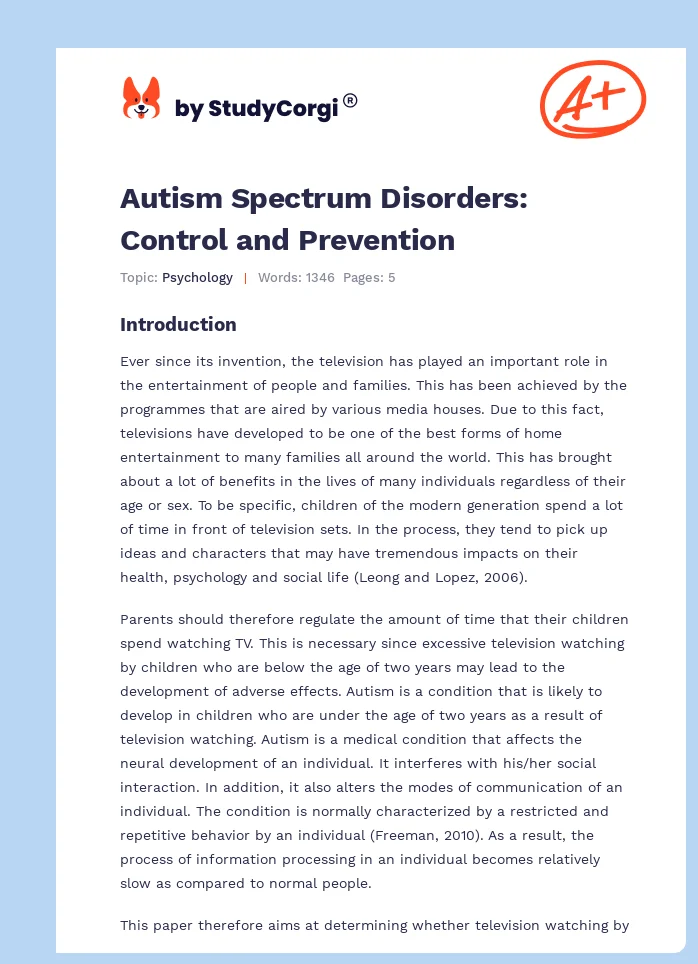 Autism Spectrum Disorders: Control and Prevention. Page 1