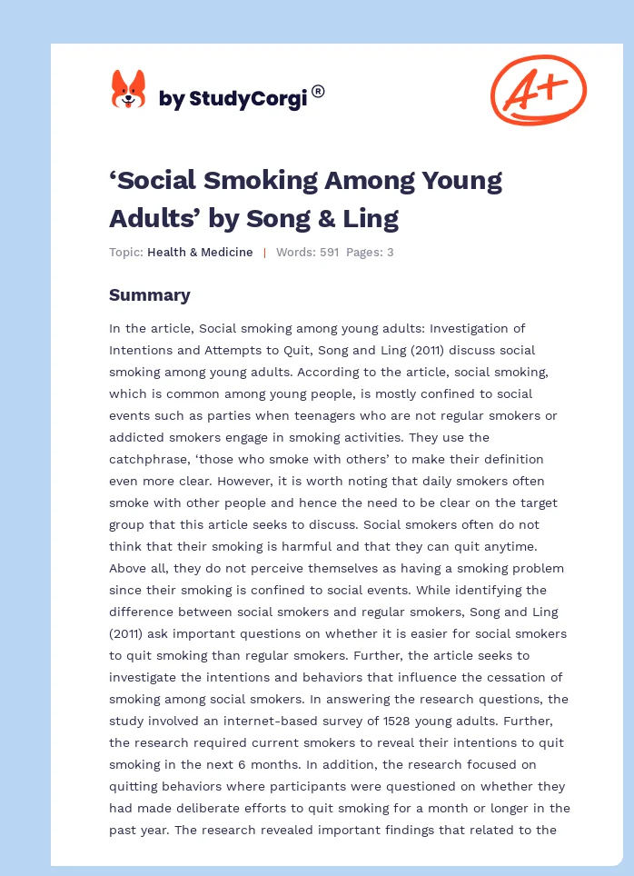 ‘Social Smoking Among Young Adults’ by Song & Ling. Page 1