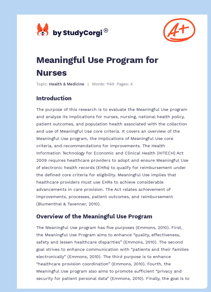 Meaningful Use Program for Nurses. Page 1