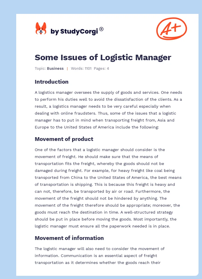 Some Issues of Logistic Manager. Page 1
