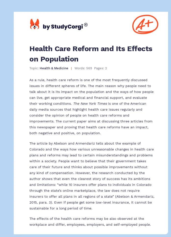 Health Care Reform and Its Effects on Population. Page 1