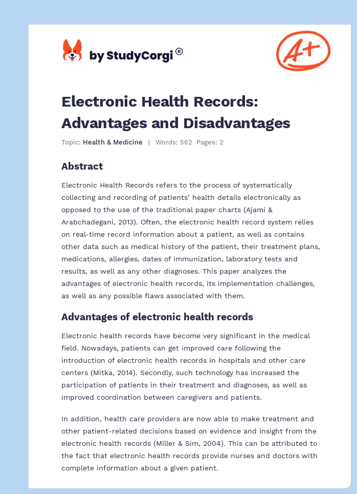 Electronic Health Records: Advantages and Disadvantages. Page 1