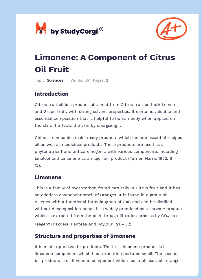 Limonene: A Component of Citrus Oil Fruit. Page 1