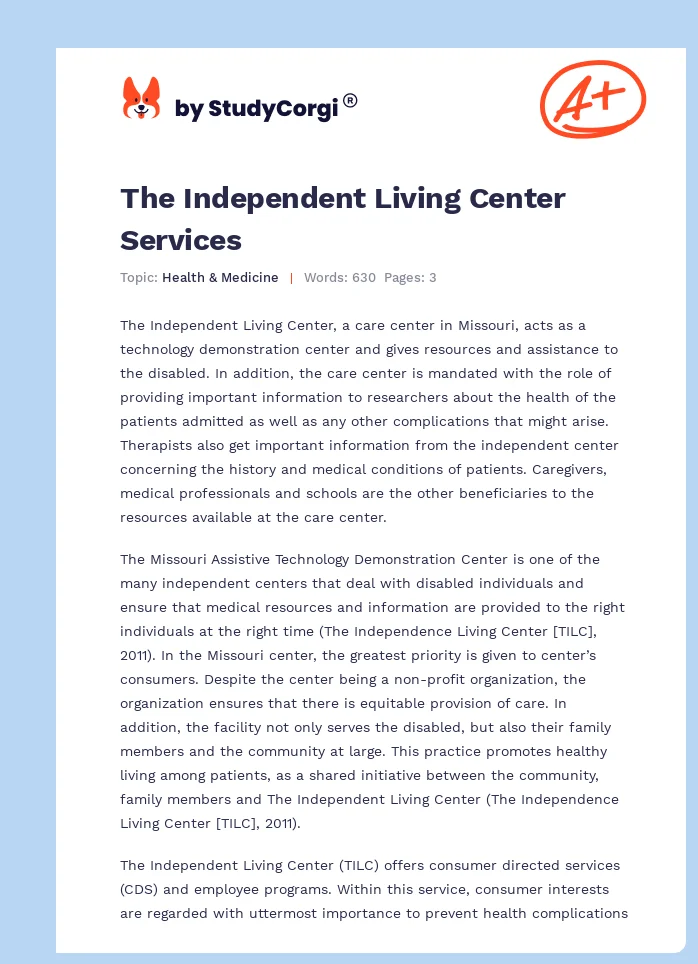 The Independent Living Center Services. Page 1