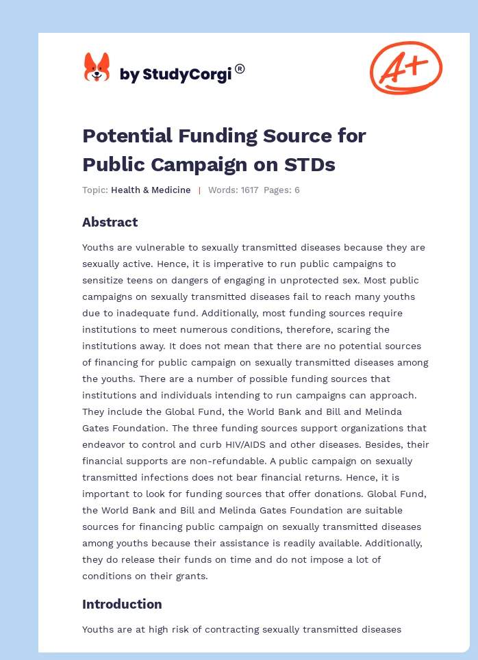 Potential Funding Source for Public Campaign on STDs. Page 1