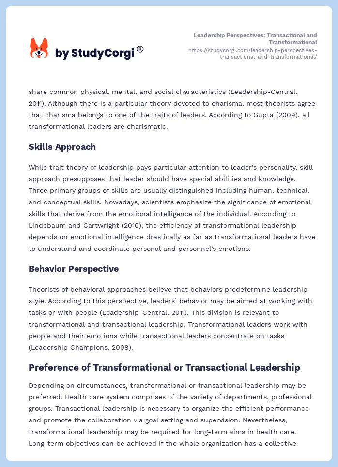Leadership Perspectives: Transactional and Transformational. Page 2