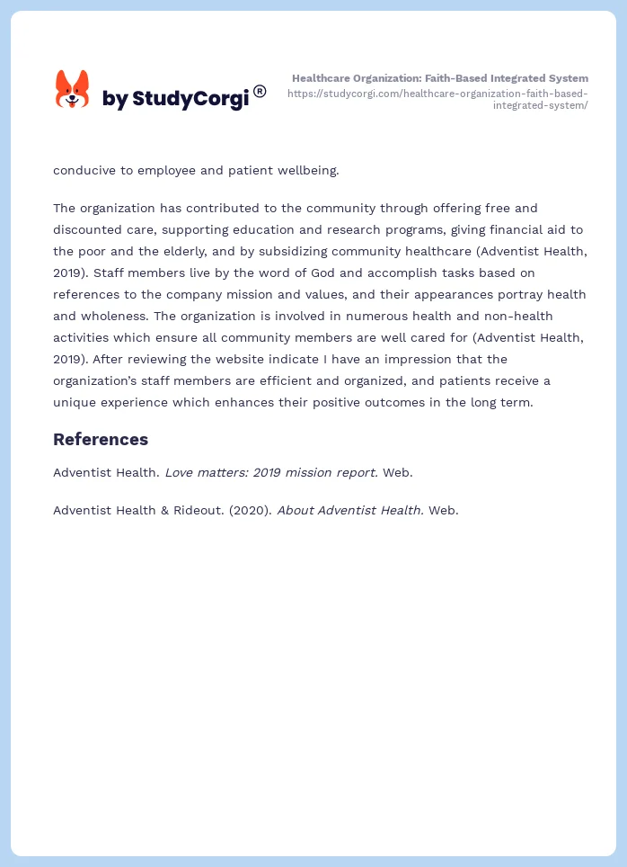 Healthcare Organization: Faith-Based Integrated System. Page 2