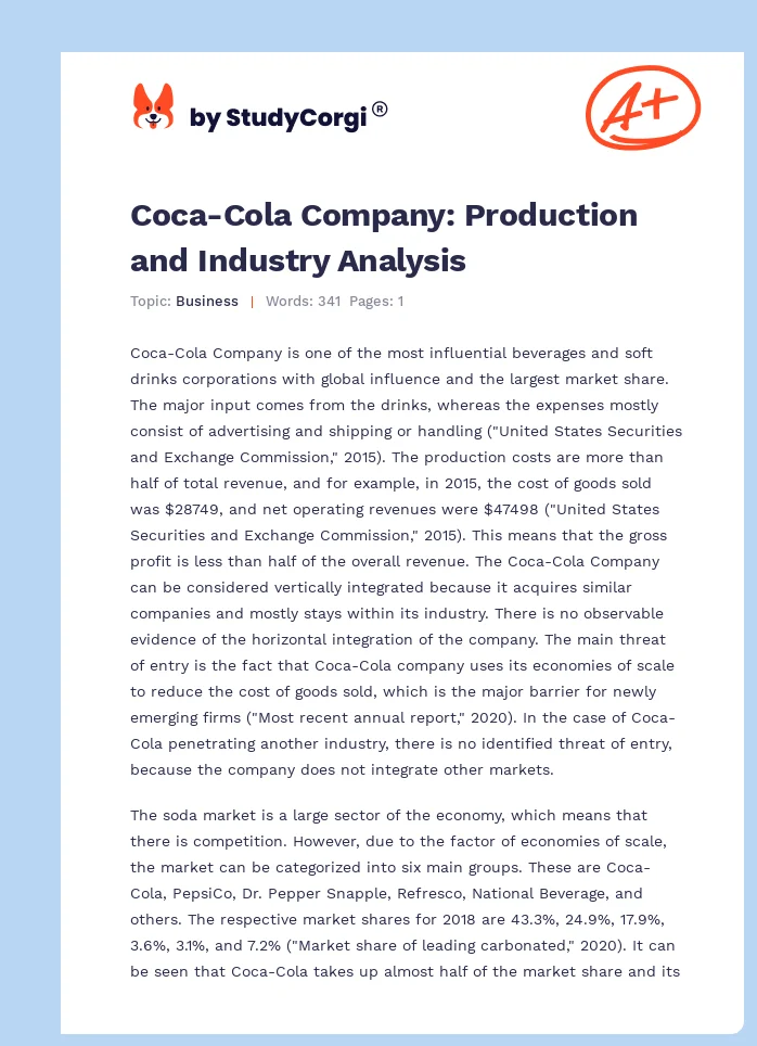 Coca-Cola Company: Production and Industry Analysis. Page 1