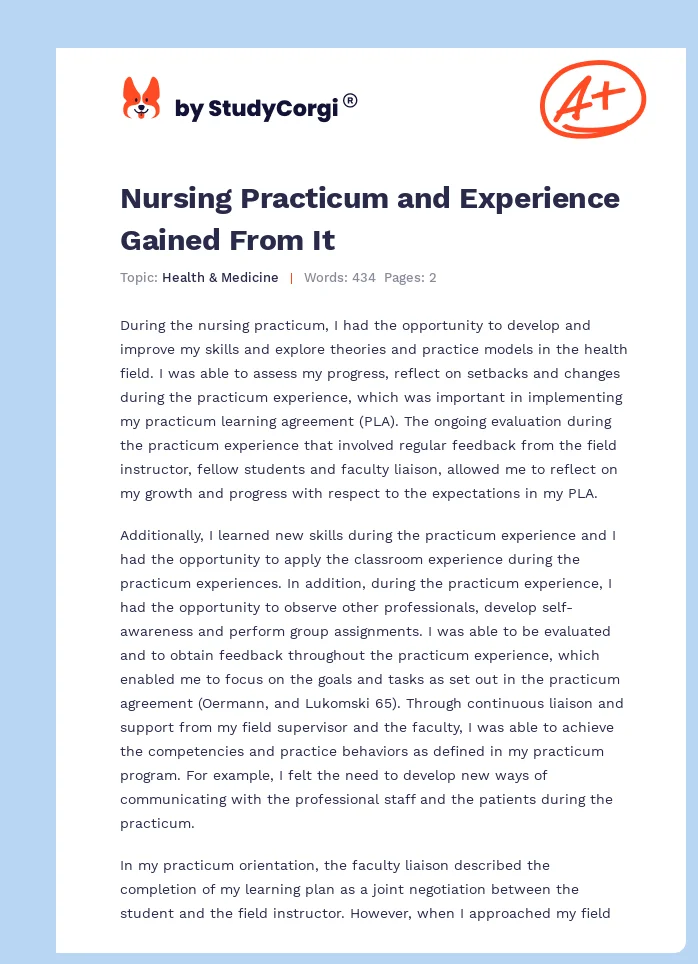 Nursing Practicum and Experience Gained From It. Page 1