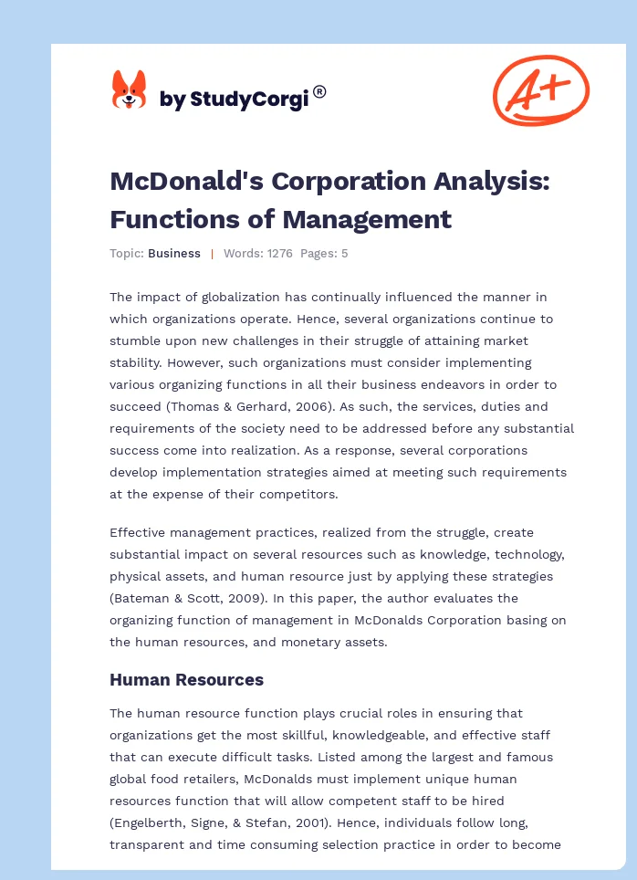 McDonald's Corporation Analysis: Functions of Management. Page 1