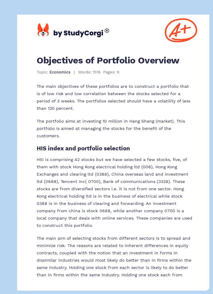 Objectives of Portfolio Overview. Page 1