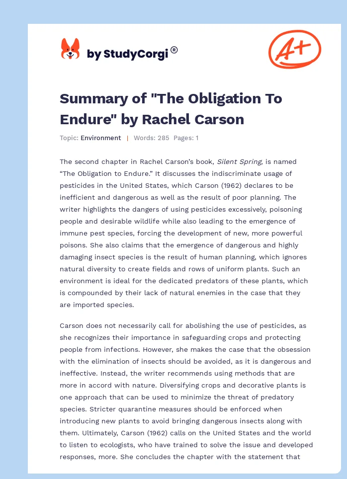 Summary of "The Obligation To Endure" by Rachel Carson. Page 1