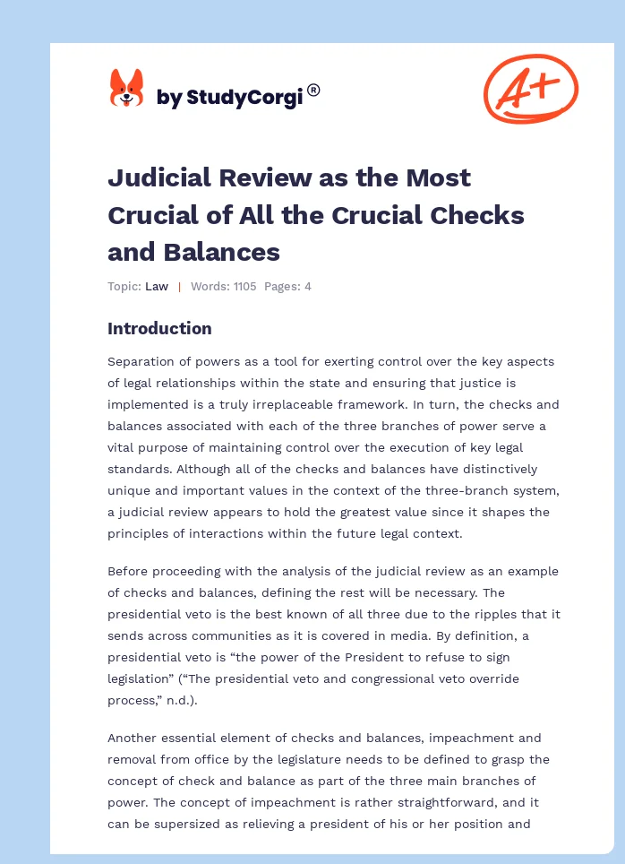 Judicial Review as the Most Crucial of All the Crucial Checks and Balances. Page 1