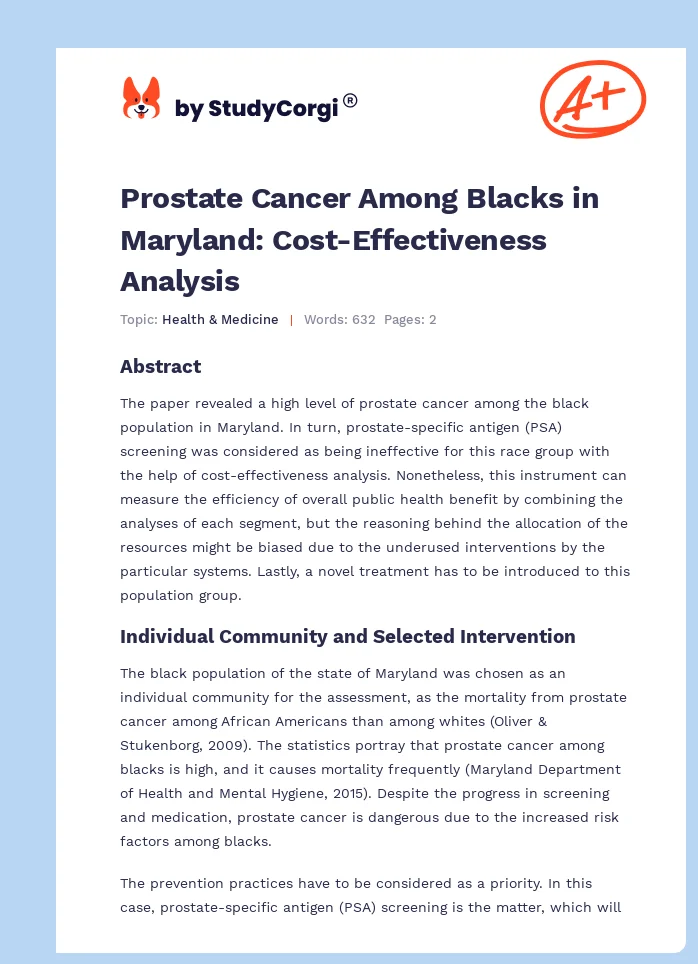Prostate Cancer Among Blacks in Maryland: Cost-Effectiveness Analysis. Page 1