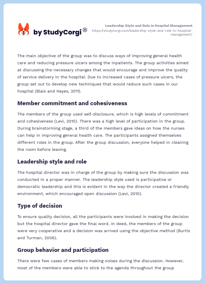 Leadership Style and Role in Hospital Management. Page 2