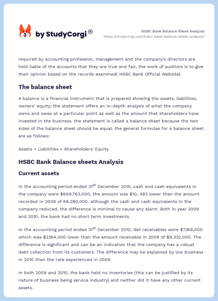 HSBC Bank Balance Sheet Analysis. Page 2